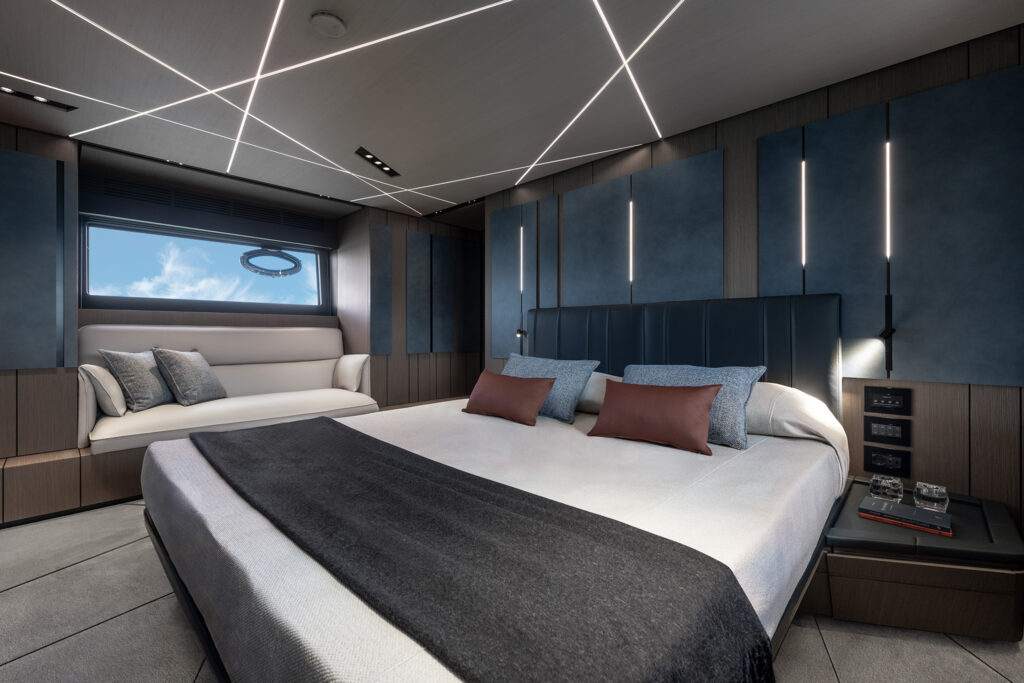 Master stateroom featuring modern Italian styling and premium finishes 
