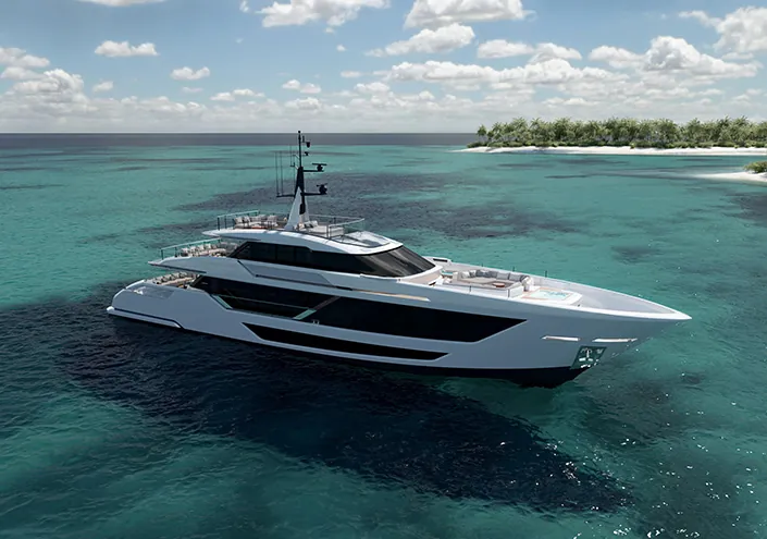 Custom Line Saetta 128′: elegance and spaciousness on three decks, exclusive design and ultimate livability.