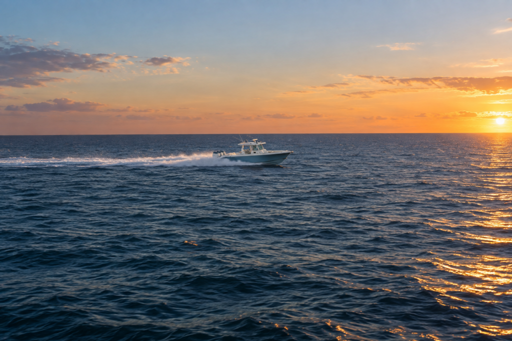 Sportfishing boat cruising toward the horizon after a day of offshore fishing